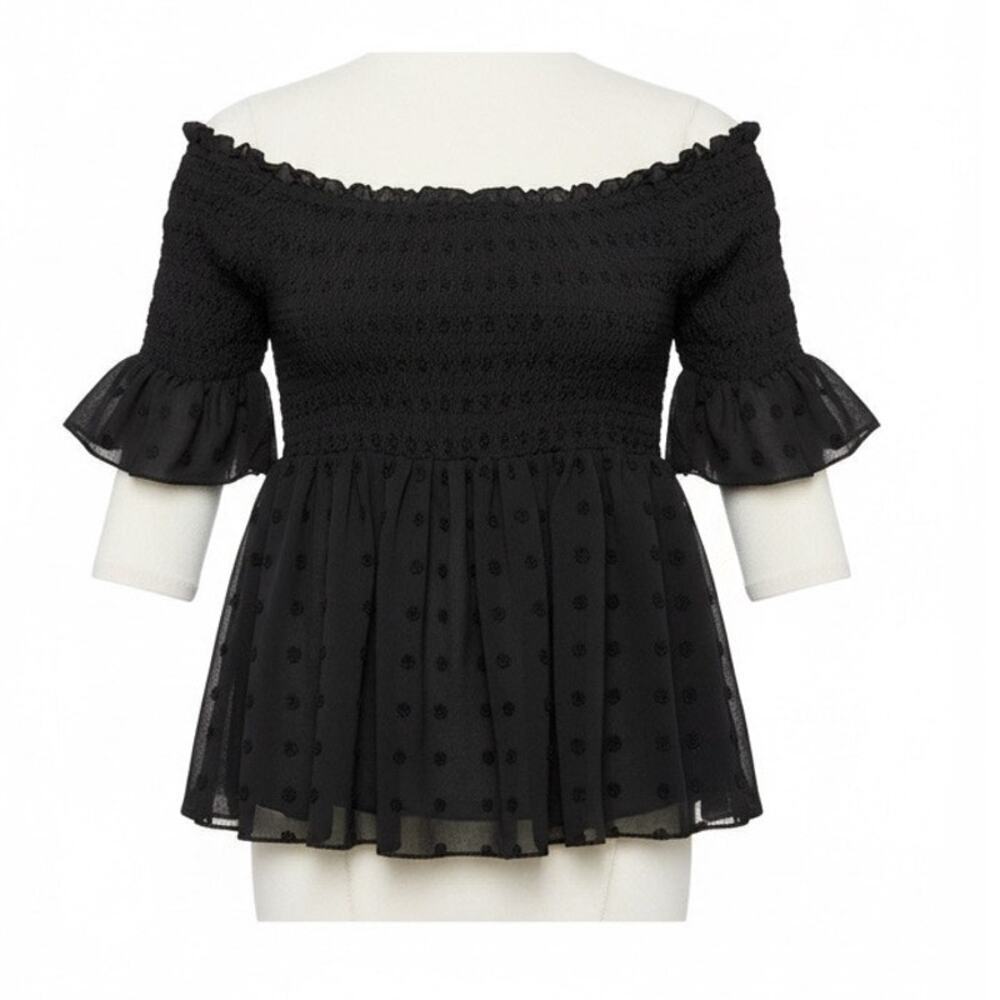 Black Smocked Off Shoulder Babydoll Top 3XL Romantic Whimsigoth Swiss Dot Flowy